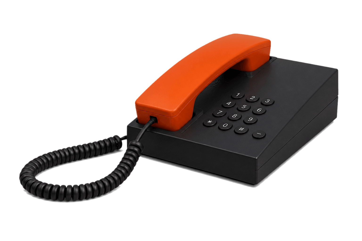 Matte black desk phone with a burnt-orange handset