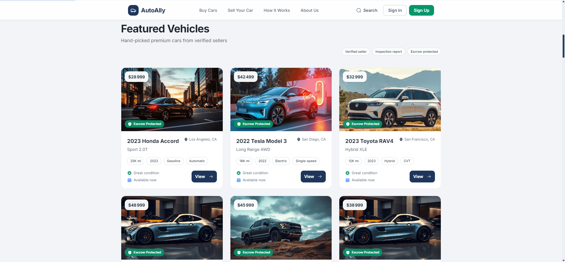 AutoAlly marketplace showing verified vehicles and escrow-protected listings