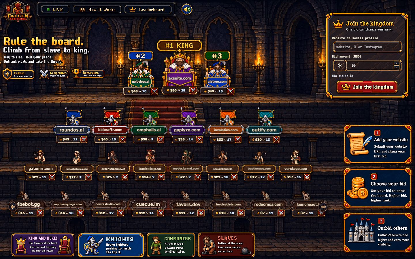 Fallen Throne live pixel-art bidding leaderboard