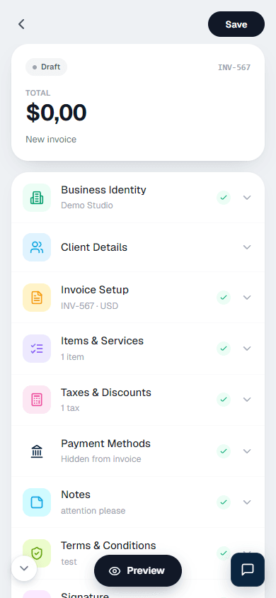 InvoiceBirds invoice builder on mobile