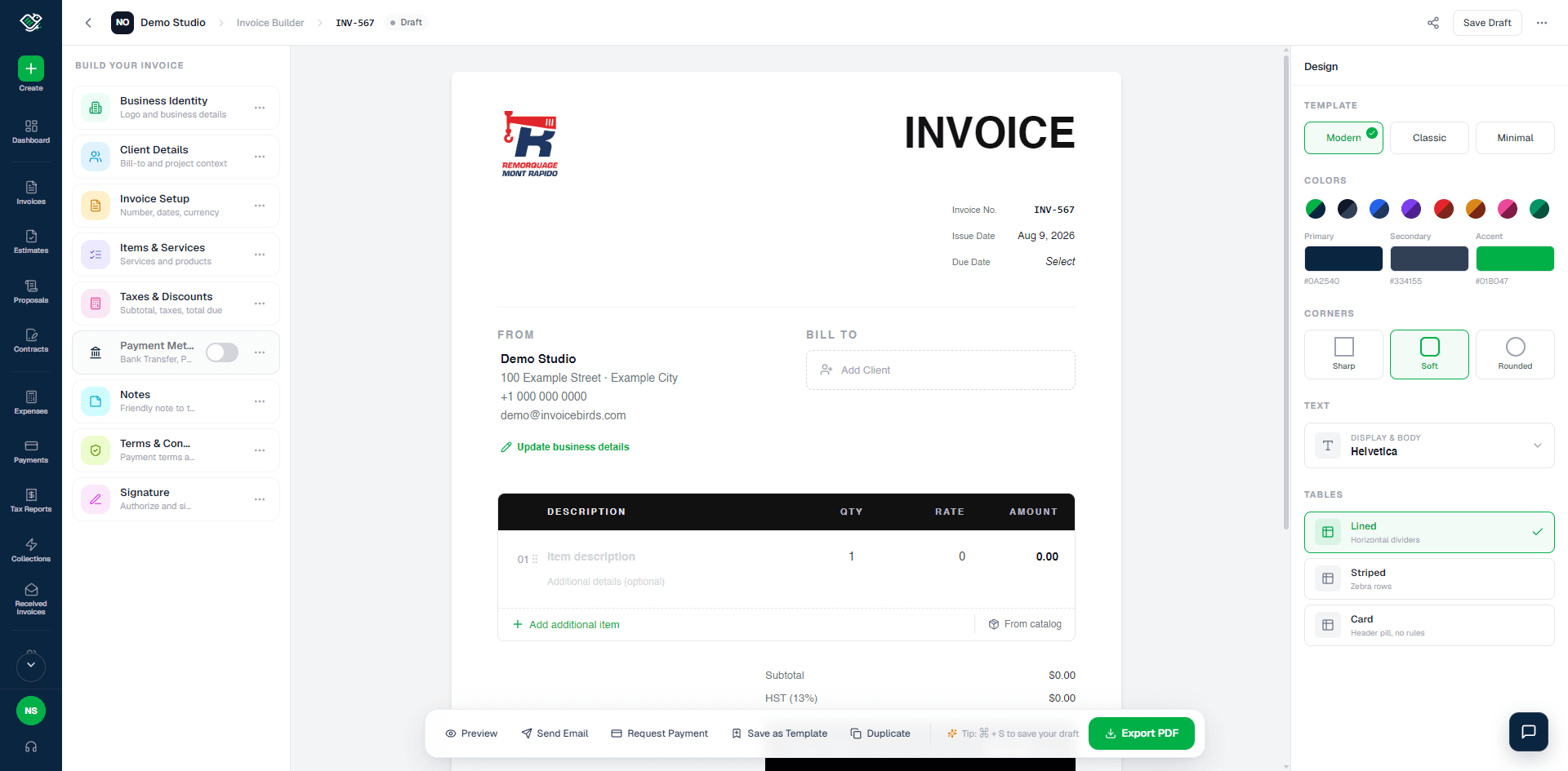 InvoiceBirds visual invoice builder and document customisation workspace
