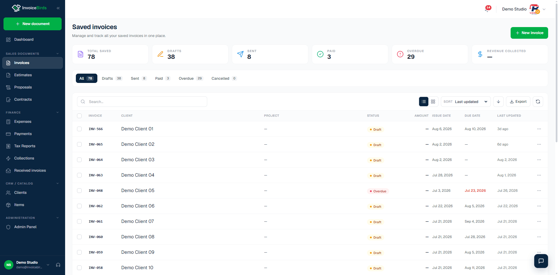 InvoiceBirds invoice lifecycle with drafts, sent, paid, overdue, search, and export controls