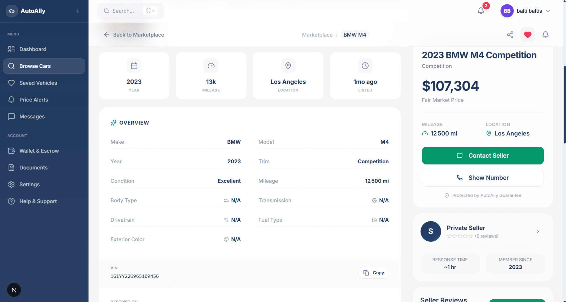 AutoAlly vehicle detail page with specifications and transaction context
