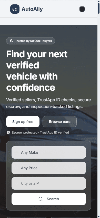 AutoAlly mobile landing experience with vehicle search and trust controls
