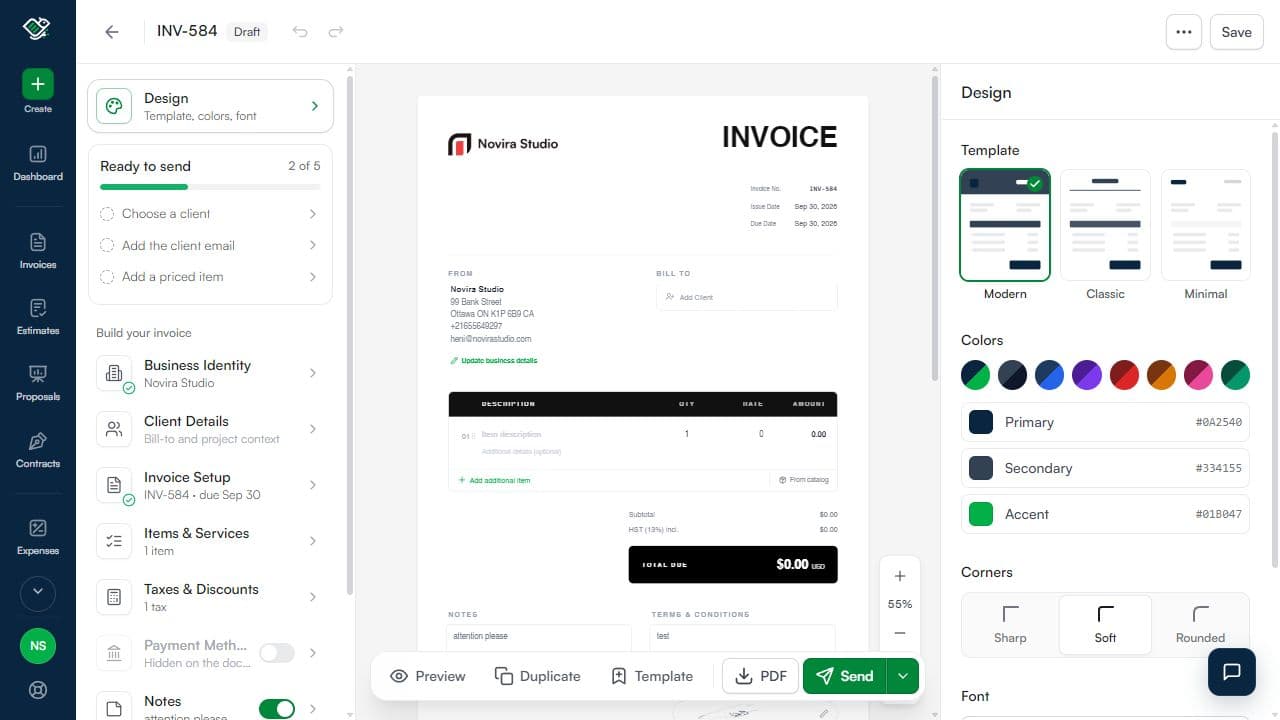 Current InvoiceBirds document builder